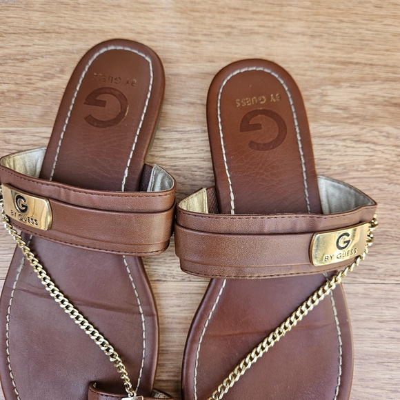 G By Guess Brown Leather Sandals with Gold Chain Size 8 - Picture 8 of 16